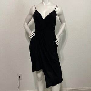 Shilla "NEW" Black V-Neck Draped Sleeveless Asymmetrical Midi Dress Size S